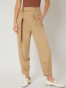 SHEIN LINEN CROPPED TAPERED TROUSERS - Khaki - View 6