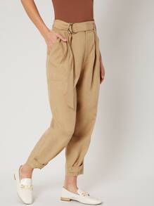 SHEIN LINEN CROPPED TAPERED TROUSERS - Khaki - View 7