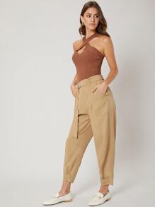 SHEIN LINEN CROPPED TAPERED TROUSERS - Khaki - View 9