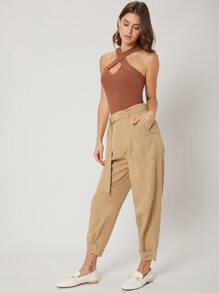 SHEIN LINEN CROPPED TAPERED TROUSERS - Khaki - View 10