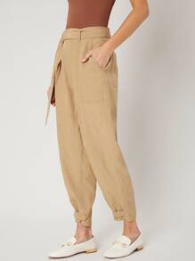 SHEIN LINEN CROPPED TAPERED TROUSERS - Khaki - View 11