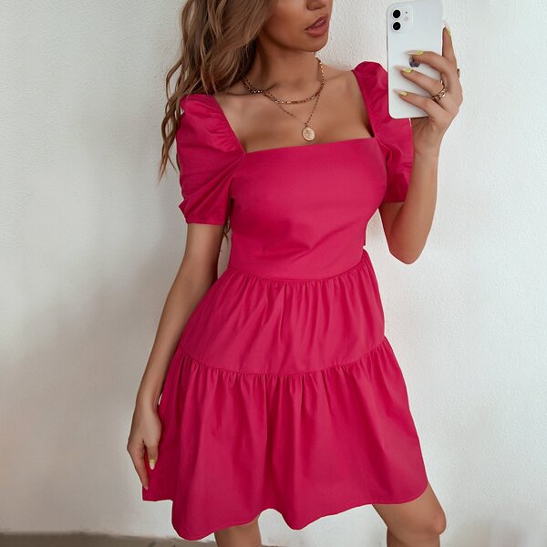 

Cut Out Tie Back Square Neck Puff Sleeve Ruffle Hem Dress, Hot pink