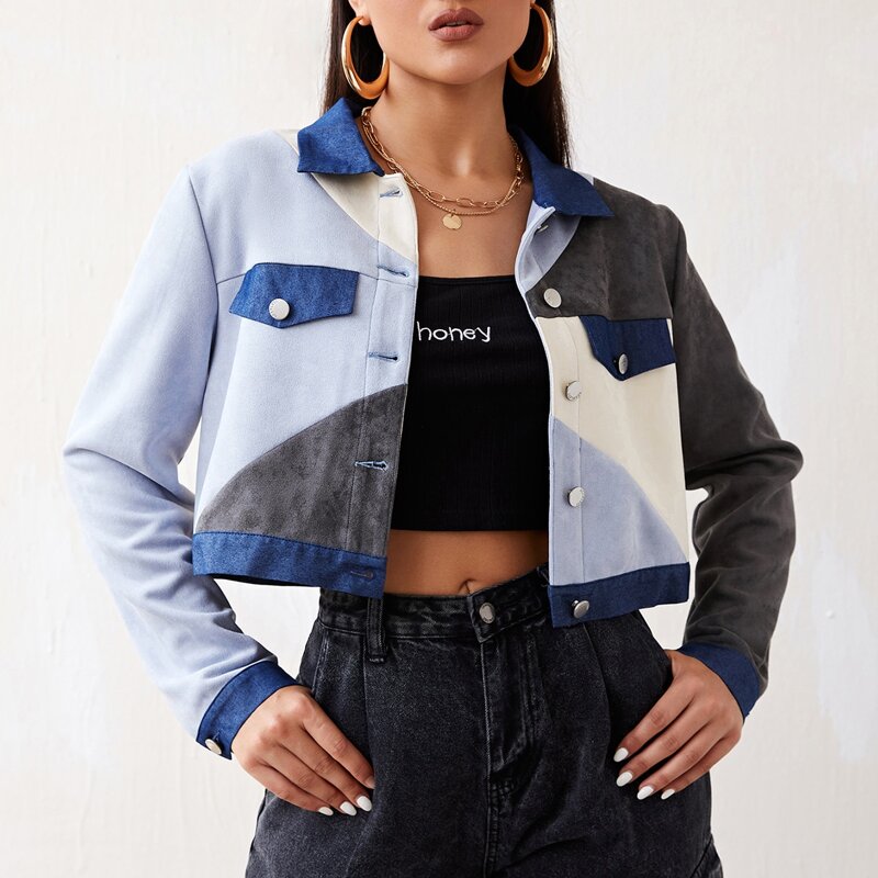 

Color Block Button Up Crop Jacket, Multicolor