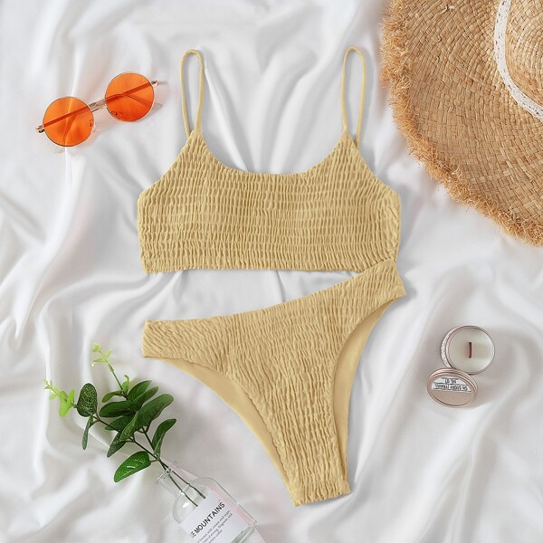 

Solid Smocked Bikini Swimsuit, Khaki