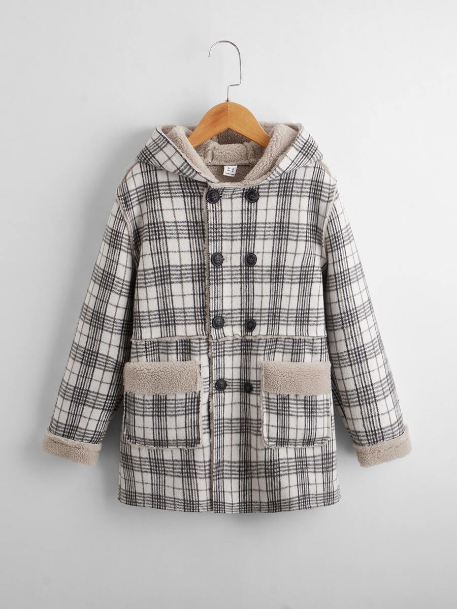 SHEIN 男孩格紋雙排釦羊羔絨內襯連帽外套