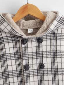 SHEIN 男孩格紋雙排釦羊羔絨內襯連帽外套