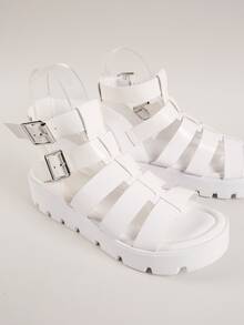 Vegan Leather Caged Dual Buckle Platform Sandals - White - View 3