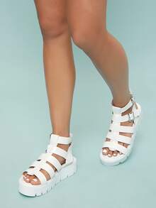 Vegan Leather Caged Dual Buckle Platform Sandals - White - View 4