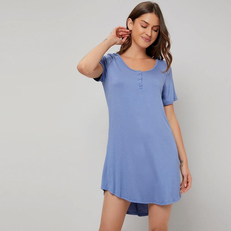 

Button Solid Lounge Dress, Blue