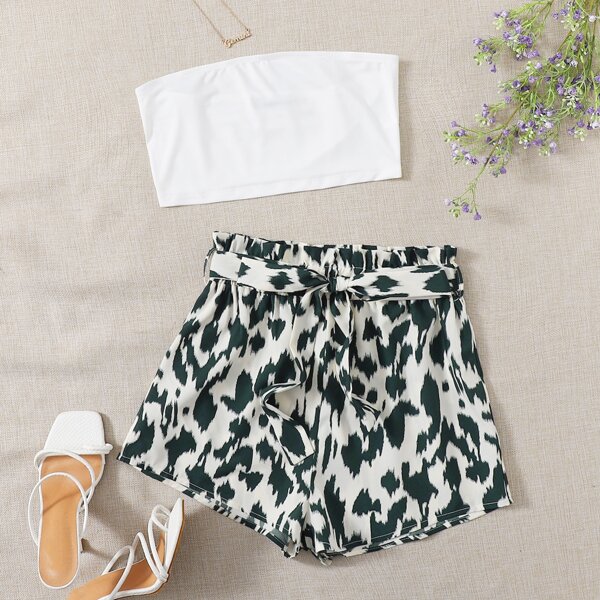 

Crop Bandeau Top & Belted Paper Bag Waist Shorts, Multicolor