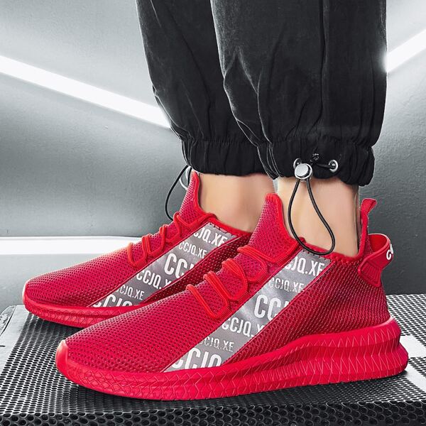 

Men Letter Graphic Lace Up Decor Knit Sneakers, Red
