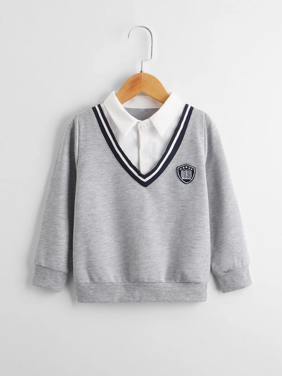 SHEIN 小男童翻領圖案補丁貼運動衫 - 灰色 - 查看 1