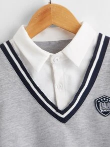 SHEIN 小男童翻領圖案補丁貼運動衫 - 灰色 - 查看 3