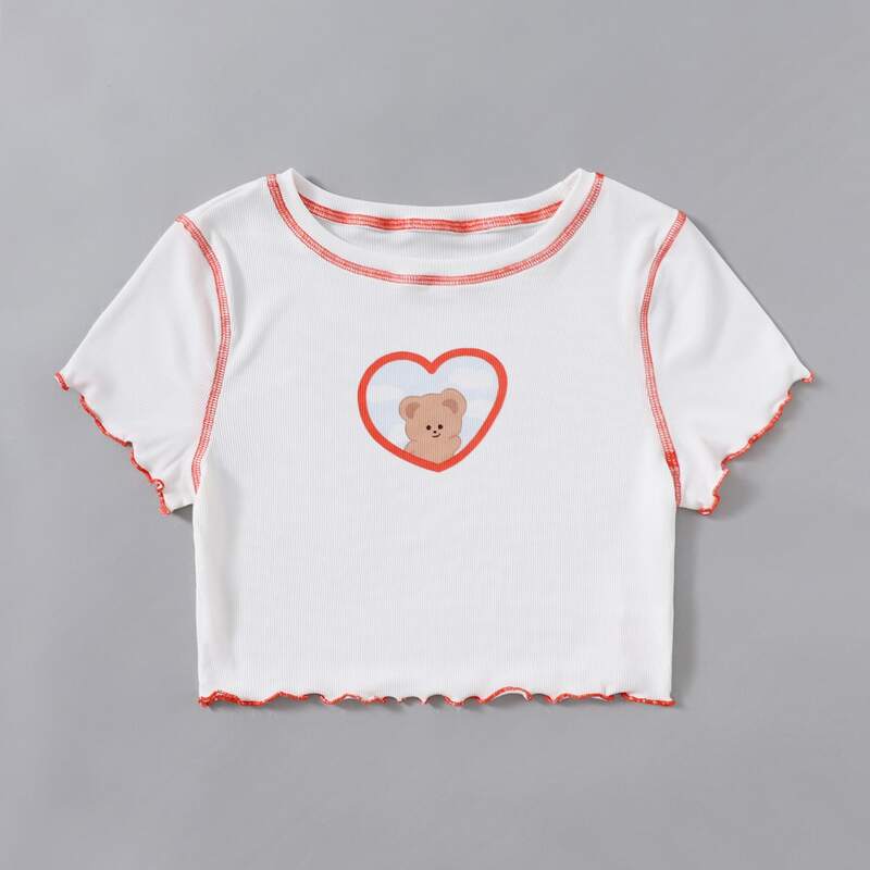 

Stitching Trim Cartoon Bear Graphic Tee, Multicolor
