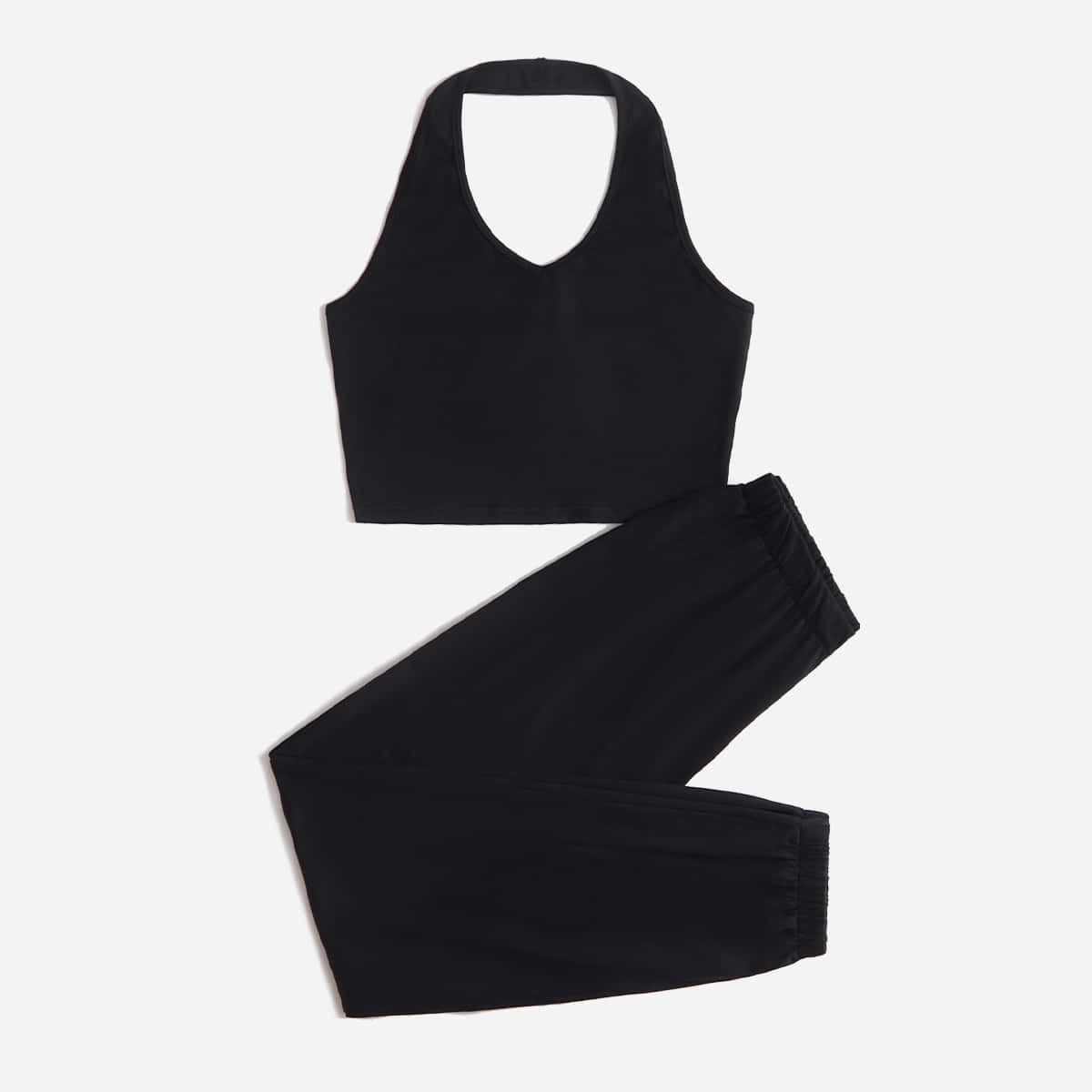 

Solid Halter Top & Sweatpants, Black