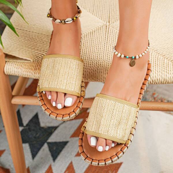 

Woven Design Espadrille Slide Sandals, Khaki