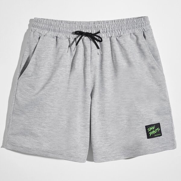 

Men Letter Patched Drawstring Waist Shorts, Light grey