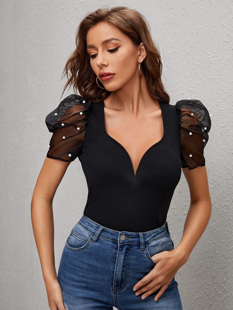 SHEIN Privé Pearl Beaded Sheer Mesh Puff Sleeve Top - Black - View 1