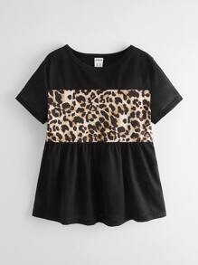 SHEIN Girls Contrast Leopard Peplum Tee - Black - View 1