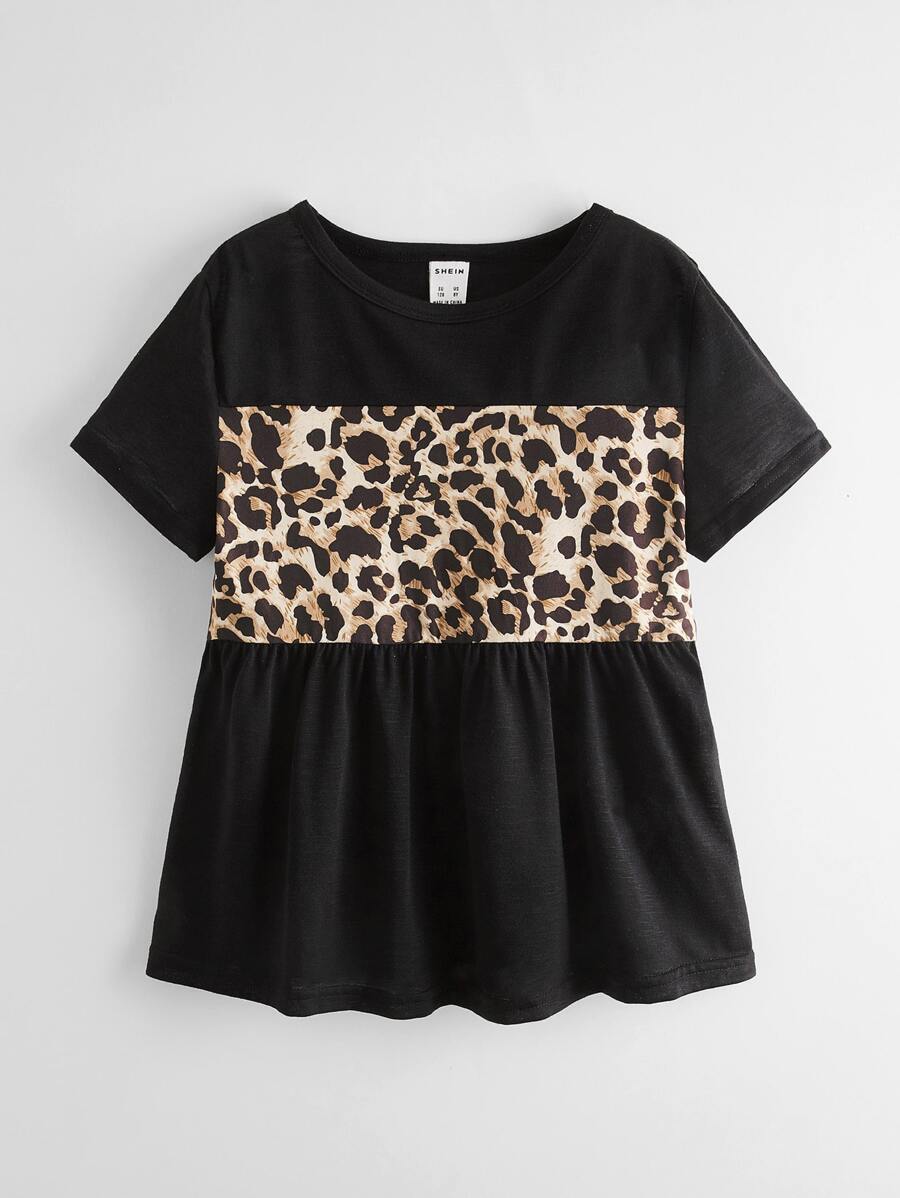 SHEIN Girls Contrast Leopard Peplum Tee - Black - View 1
