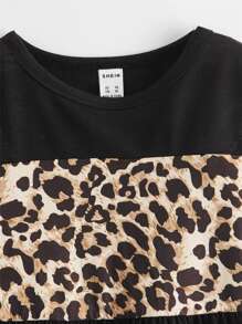 SHEIN Girls Contrast Leopard Peplum Tee - Black - View 3