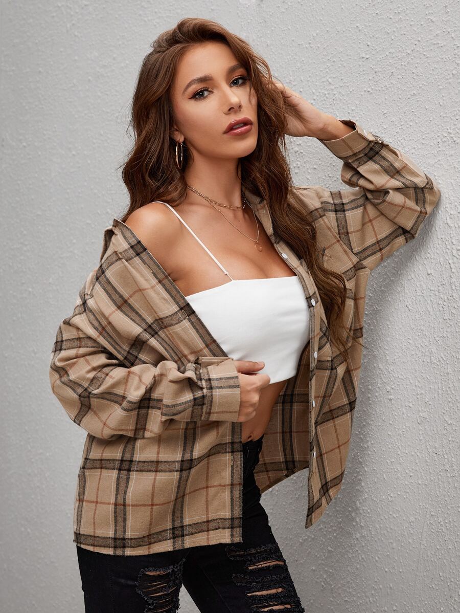 SHEIN EZwear Skjorta Rutigt Knappar Genom Ficka Framtill - Brun - Visa 1