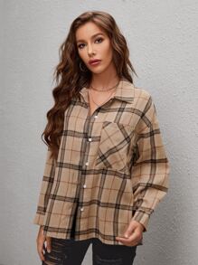 SHEIN EZwear Skjorta Rutigt Knappar Genom Ficka Framtill - Brun - Visa 3