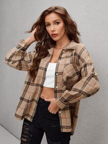 SHEIN EZwear Skjorta Rutigt Knappar Genom Ficka Framtill - Brun - Visa 4