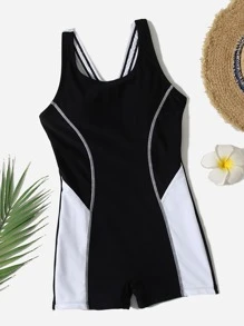 Niñas Bañador una pieza de color combinado - Blanco y Negro - Ver 1