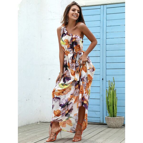 

Floral Print One Shoulder Belted Dress, Multicolor