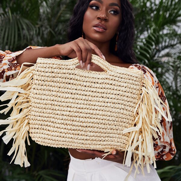 

Fringe Trim Straw Tote Bag, Beige