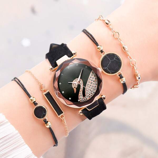 

1pc Swan Dial Quartz Watch & 4pcs Bracelet