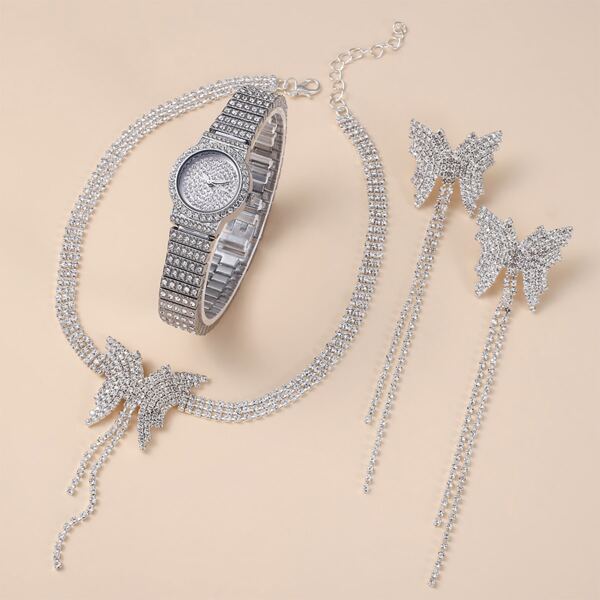 

1pc Rhinestone Decor Round Pointer Watch & 3pcs Jewelry Set