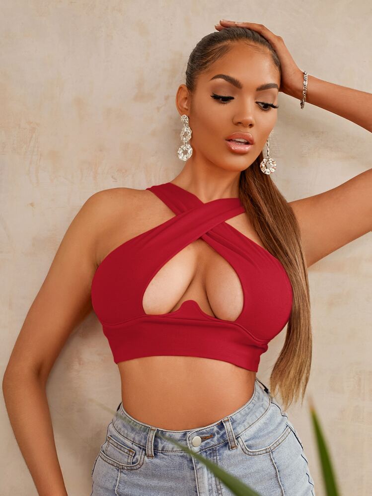 SHEIN SXY Crisscross Cutout Crop Top - Red - View 3