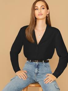 BizChic Damska luźna bluzka satynowa z długim rękawem i głębokim dekoltem w serek, podstawowy styl na miejskie dojazdy do pracy, prosty, elegancki, swobodny strój biznesowy, odpowiedni dla nauczycieli i do biura, jesień