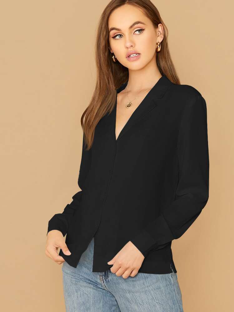 BizChic 女士深V领宽松长袖缎面衬衫，基础都市通勤风格，简约优雅时尚商务休闲风，适合教师及办公室穿着，秋季款 - 黑色 - 查看 6