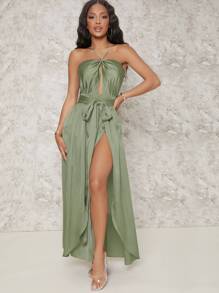 SHEIN BAE Satin Backless Cut Out Belted Split Thigh Dress - Mint Green - View 1