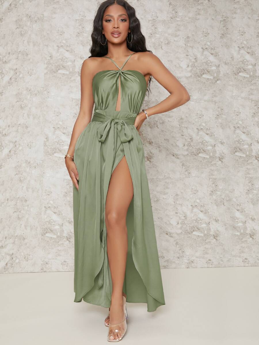 SHEIN BAE Satin Backless Cut Out Belted Split Thigh Dress - Mint Green - View 1