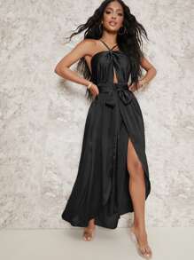 SHEIN SXY Đầm Lộ Lưng Thắt lưng Buộc lại Dây kéo Tách cao màu trơn Gợi cảm - màu đen - Xem 5