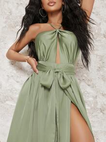 SHEIN BAE Satin Backless Cut Out Belted Split Thigh Dress - Mint Green - View 4