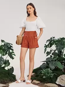 SHEIN Lace Up Side Rolled Hem Shorts - Redwood - View 1
