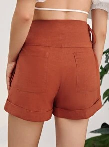 SHEIN Lace Up Side Rolled Hem Shorts - Redwood - View 2