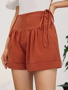 SHEIN Lace Up Side Rolled Hem Shorts - Redwood - View 3
