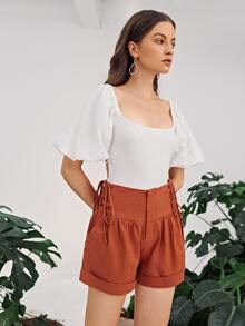 SHEIN Lace Up Side Rolled Hem Shorts - Redwood - View 4