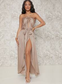 SHEIN SXY Satin Backless Belted Ruched Split Hem Dress - Dusty Pink - View 1
