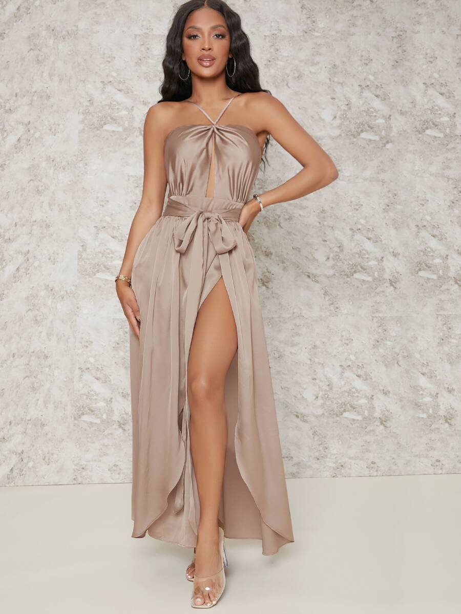SHEIN SXY Satin Backless Belted Ruched Split Hem Dress - Dusty Pink - View 1
