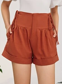 SHEIN Lace Up Side Rolled Hem Shorts - Redwood - View 5
