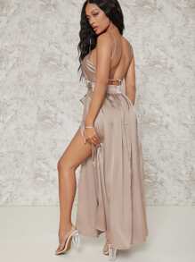 SHEIN SXY Satin Backless Belted Ruched Split Hem Dress - Dusty Pink - View 2