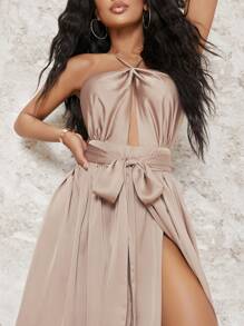 SHEIN SXY Satin Backless Belted Ruched Split Hem Dress - Dusty Pink - View 4