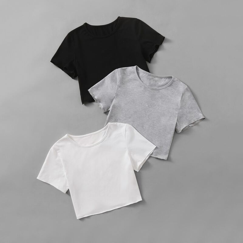 

3pcs Solid Crop Tee, Multicolor